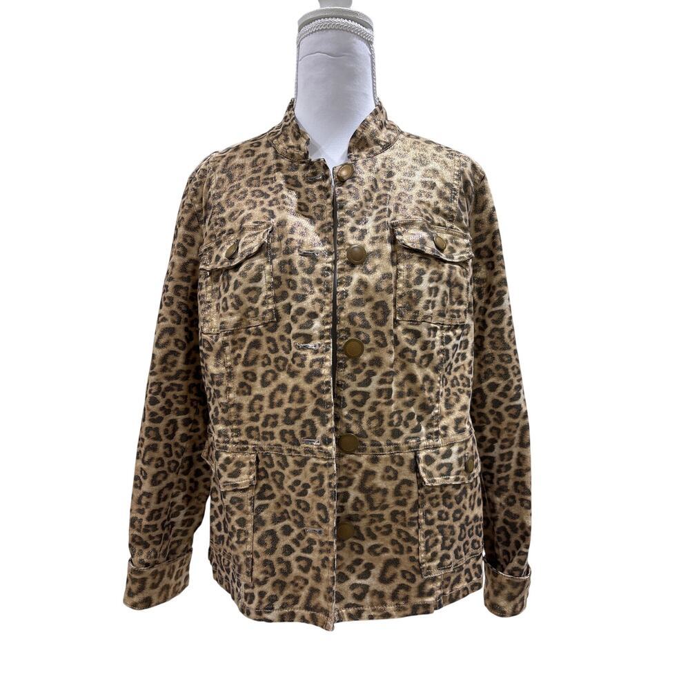 Chico’s Size 1 med Metallic Leopard Print Utility Jacket Gold Animal‎ Print